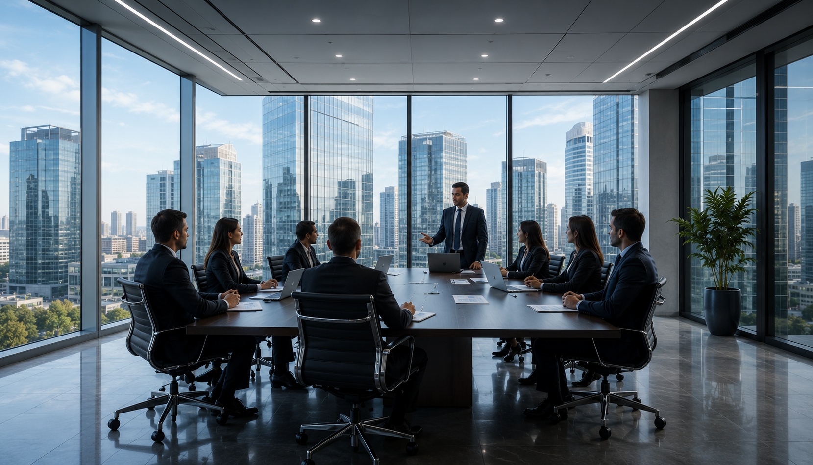 Equipe executiva reunida em escritório corporativo
